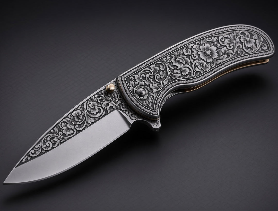 Pocket Knife - Outlaw Handmade Damascus Pocket Knife with Engraved Steel Handle - Shokunin USA