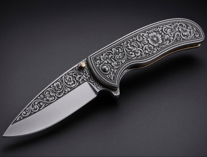 Pocket Knife - Outlaw Handmade Damascus Pocket Knife with Engraved Steel Handle - Shokunin USA