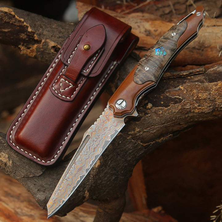 Pocket knife - Elite Handmade Japanese VG-10 Copper Damascus Pocket Knife with Stained Maple Burl Handle &amp; Sheath - Shokunin USA