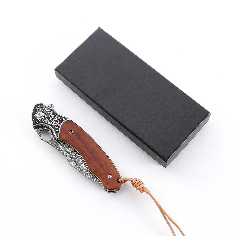 hunting skinner knives for birthdays - Meteor Engraved Damascus Steel Pocket Knife with Exotic Red Sandal Wood Handle - Shokunin USA