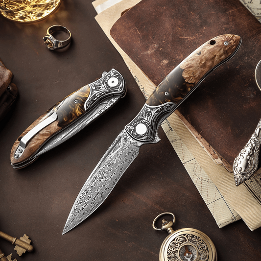 Pocket Knife - Demeter VG10 Damascus Pocket Knife with Exotic Olive Burl & Resin Handle - Shokunin USA