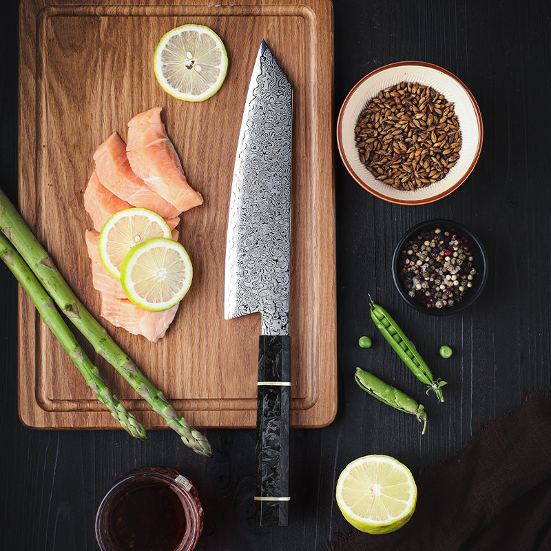 Chef knife - Cobalt Premium Japanese Chef Knife 8" VG-10 Damascus Steel with Carbon Fiber Handle &amp; Leather Sheath - Shokunin USA