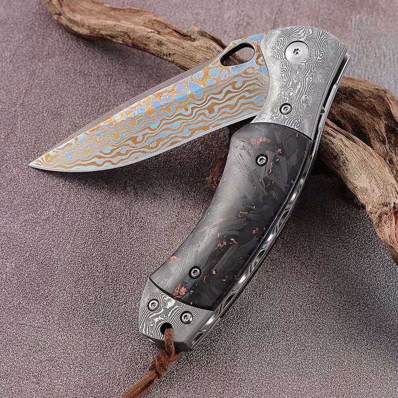 Damascus Knife - Centurion Titanium Damascus (Timascus) Pocket Knife with Carbon Fiber Handle &amp; Sheath - Shokunin USA