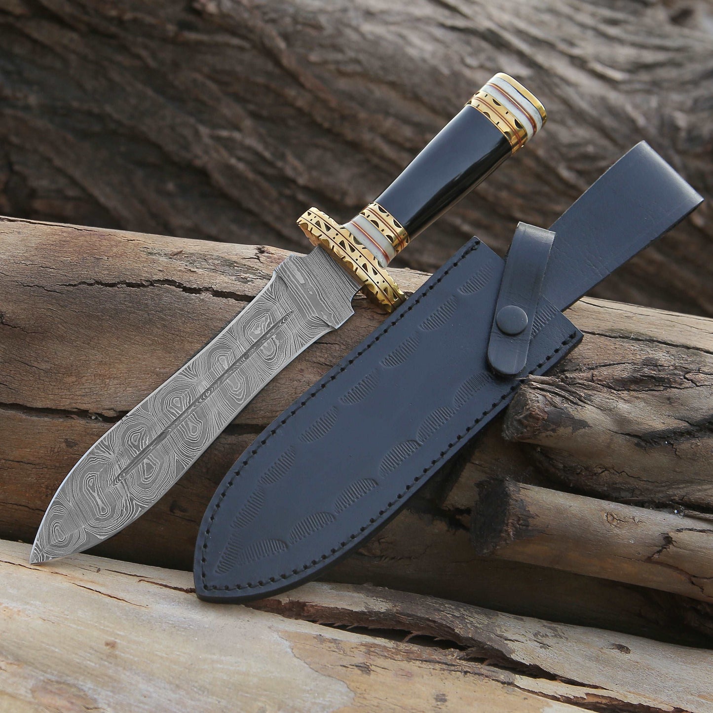 Damascus knife - Fear Damascus Fixed Blade Hunting Knife with Bull Horn & Brass Handle - Shokunin USA
