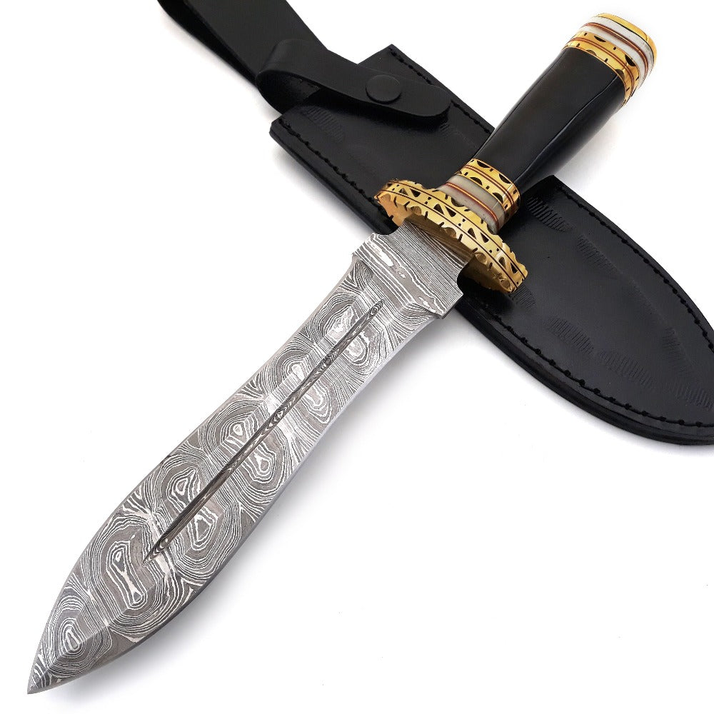 Damascus knife - Fear Damascus Fixed Blade Hunting Knife with Bull Horn &amp; Brass Handle - Shokunin USA