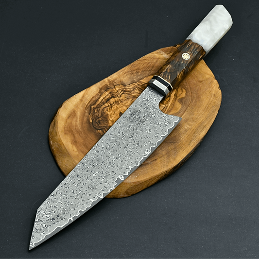 Chef Knife - Aurora Japanese Chef Knife with Exotic Olive Burl Wood & Mother of Pearl Handle - Shokunin USA