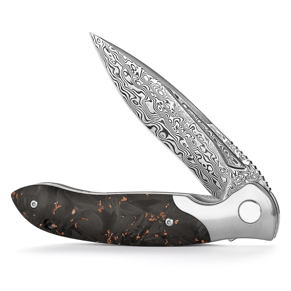 Damascus Pocket Knife - Raven VG10 Ultralight Folding Pocket Knife with Titanium &amp; Carbon Fiber Handle - Shokunin USA