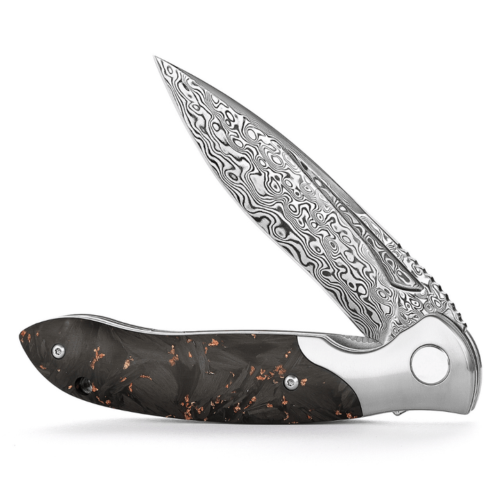 Damascus Pocket Knife - Raven VG10 Ultralight Folding Pocket Knife with Titanium &amp; Carbon Fiber Handle - Shokunin USA