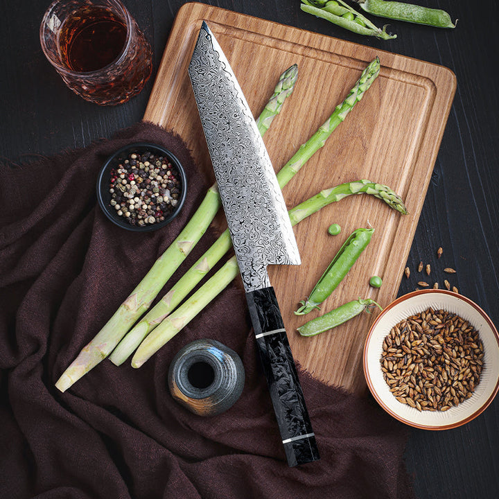 Chef knife - Cobalt Premium Japanese Chef Knife 8" VG-10 Damascus Steel with Carbon Fiber Handle &amp; Leather Sheath - Shokunin USA