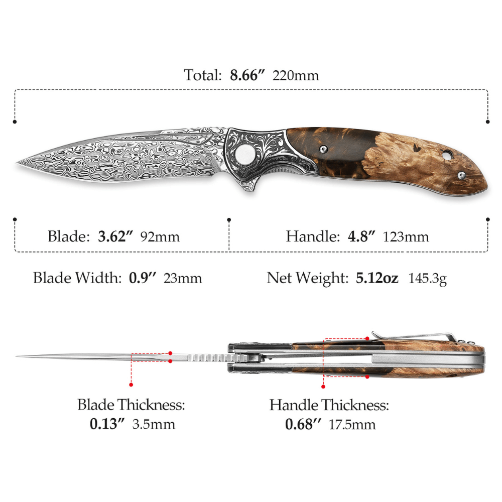 Pocket Knife - Demeter VG10 Damascus Pocket Knife with Exotic Olive Burl &amp; Resin Handle - Shokunin USA