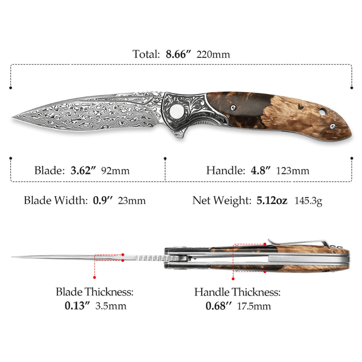 Pocket Knife - Demeter VG10 Damascus Pocket Knife with Exotic Olive Burl &amp; Resin Handle - Shokunin USA