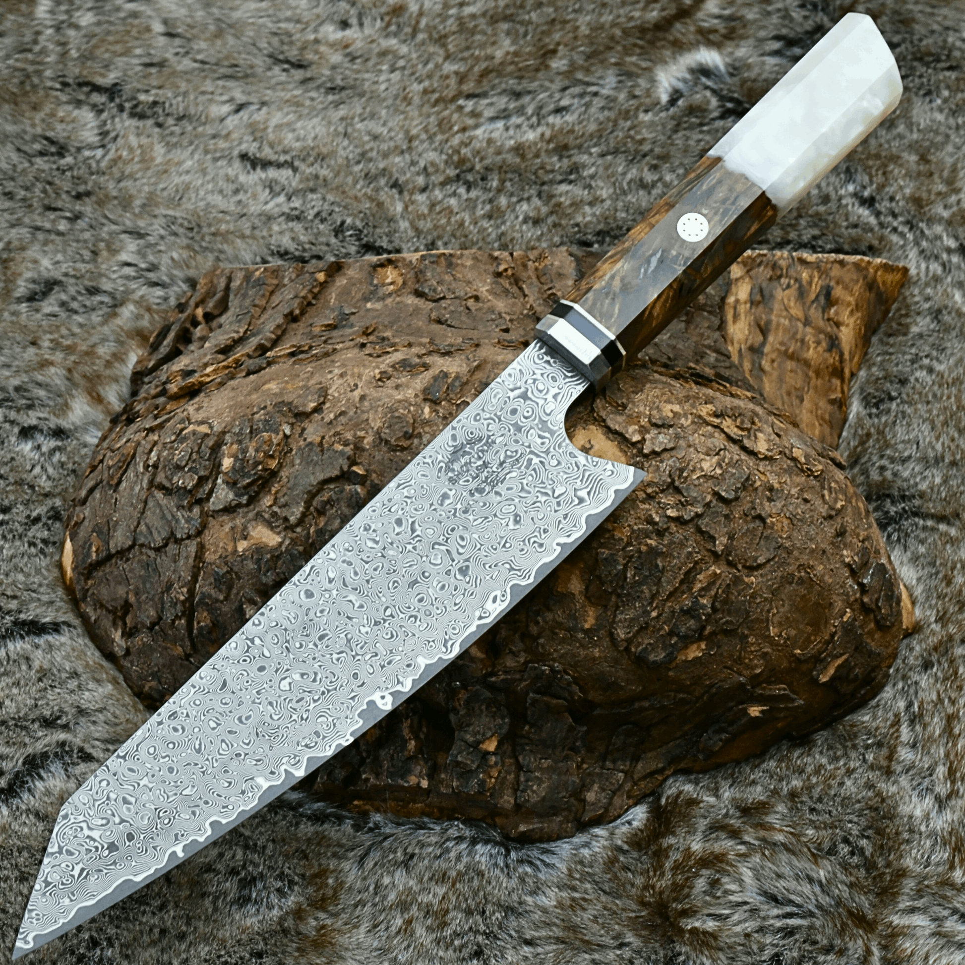 Chef Knife - Aurora Japanese Chef Knife with Exotic Olive Burl Wood & Mother of Pearl Handle - Shokunin USA