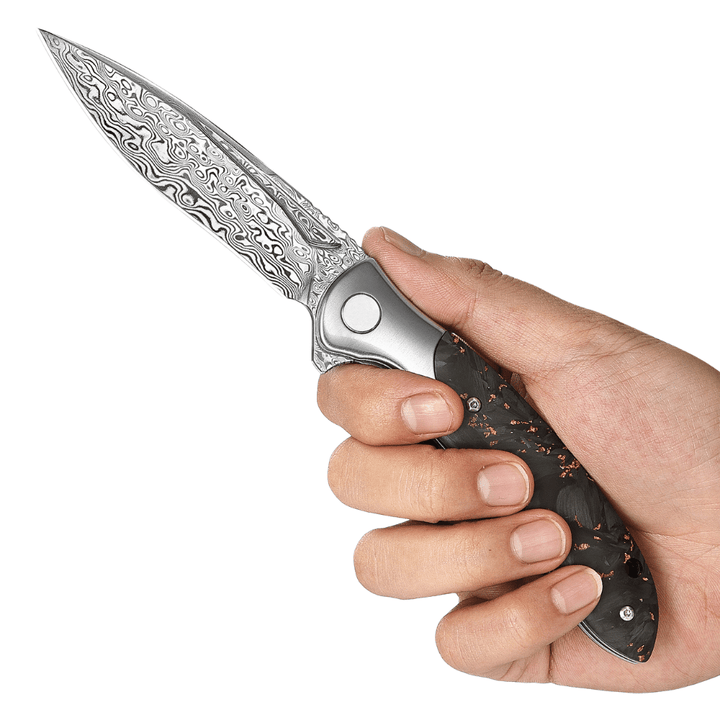 Damascus Pocket Knife - Raven VG10 Ultralight Folding Pocket Knife with Titanium &amp; Carbon Fiber Handle - Shokunin USA