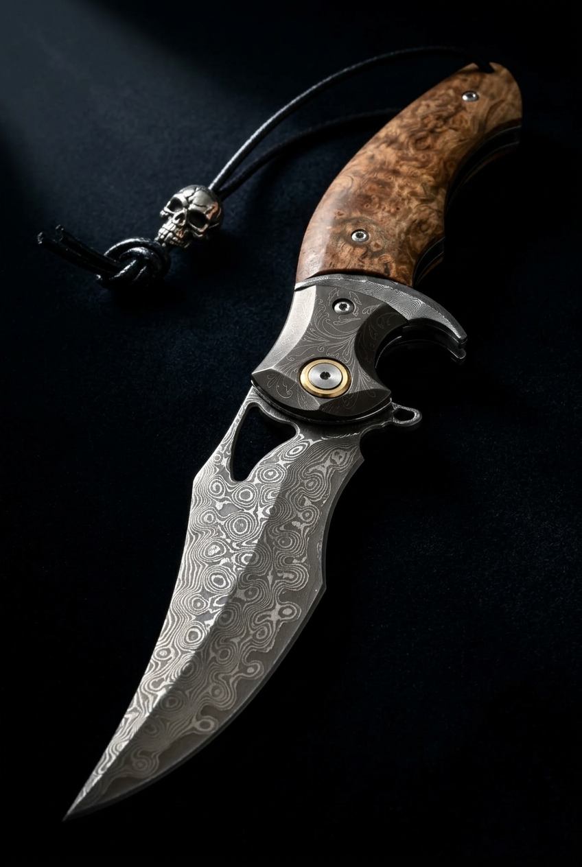 Crest Japanese Damascus Pocket knife with Maple Burl Handle