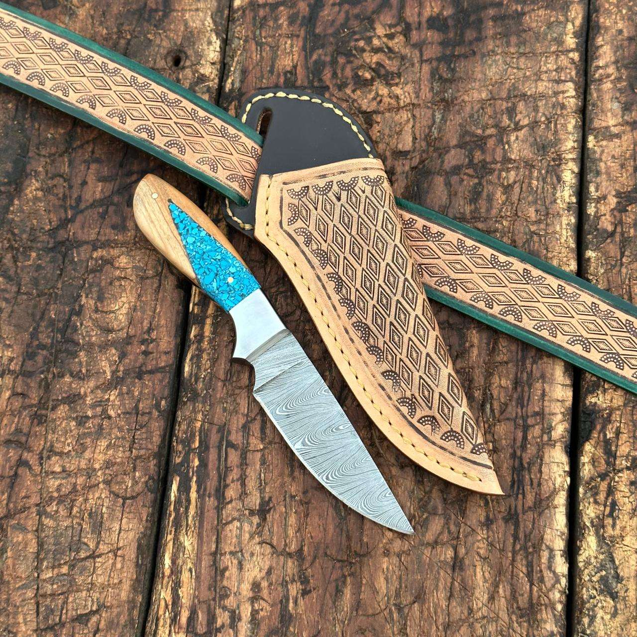 Fixed blade knife. - Canyon Damascus Skinner Knife with Hand tooled Sheath & Belt - Shokunin USA