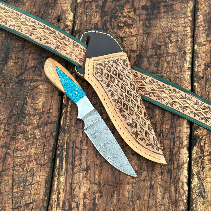Fixed blade knife. - Canyon Damascus Skinner Knife with Hand tooled Sheath &amp; Belt - Shokunin USA