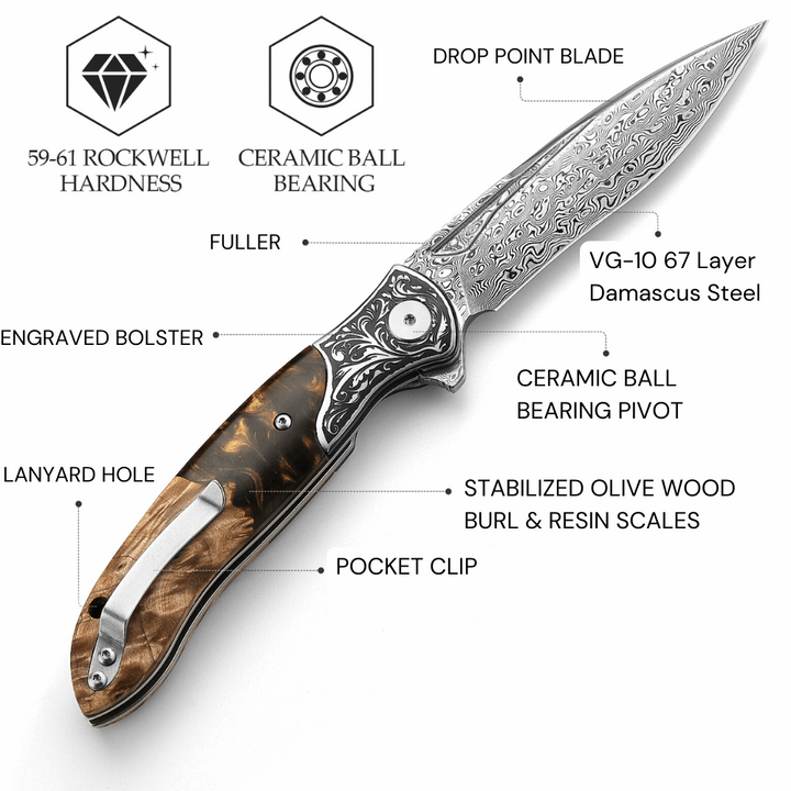 Pocket Knife - Demeter VG10 Damascus Pocket Knife with Exotic Olive Burl &amp; Resin Handle - Shokunin USA