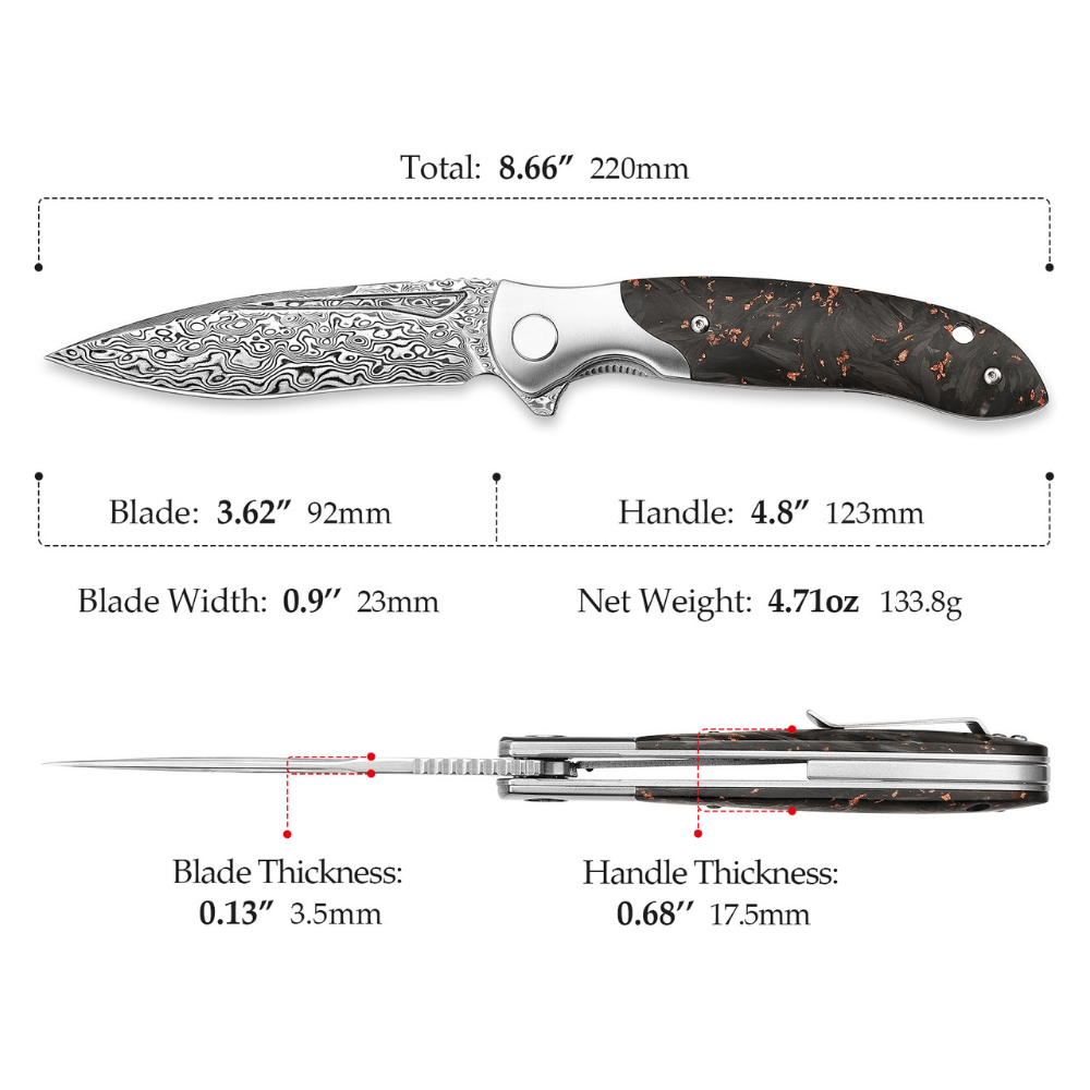 Damascus Pocket Knife - Raven VG10 Ultralight Folding Pocket Knife with Titanium &amp; Carbon Fiber Handle - Shokunin USA