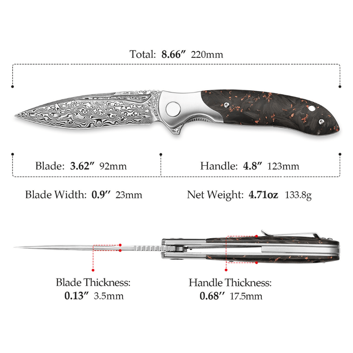 Damascus Pocket Knife - Raven VG10 Ultralight Folding Pocket Knife with Titanium &amp; Carbon Fiber Handle - Shokunin USA