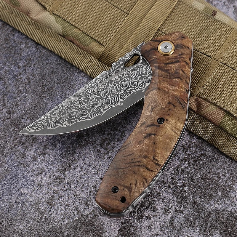 Damascus Knife - Tomahawk Damascus Pocket Knife with Clip and Exotic Olive Wood Handle - Shokunin USA