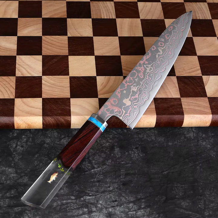 Chef knife - Noble Copper &amp; Cobalt Alloy Damascus Chef Knife with Exotic Bloodwood &amp; Resin Handle - Shokunin USA