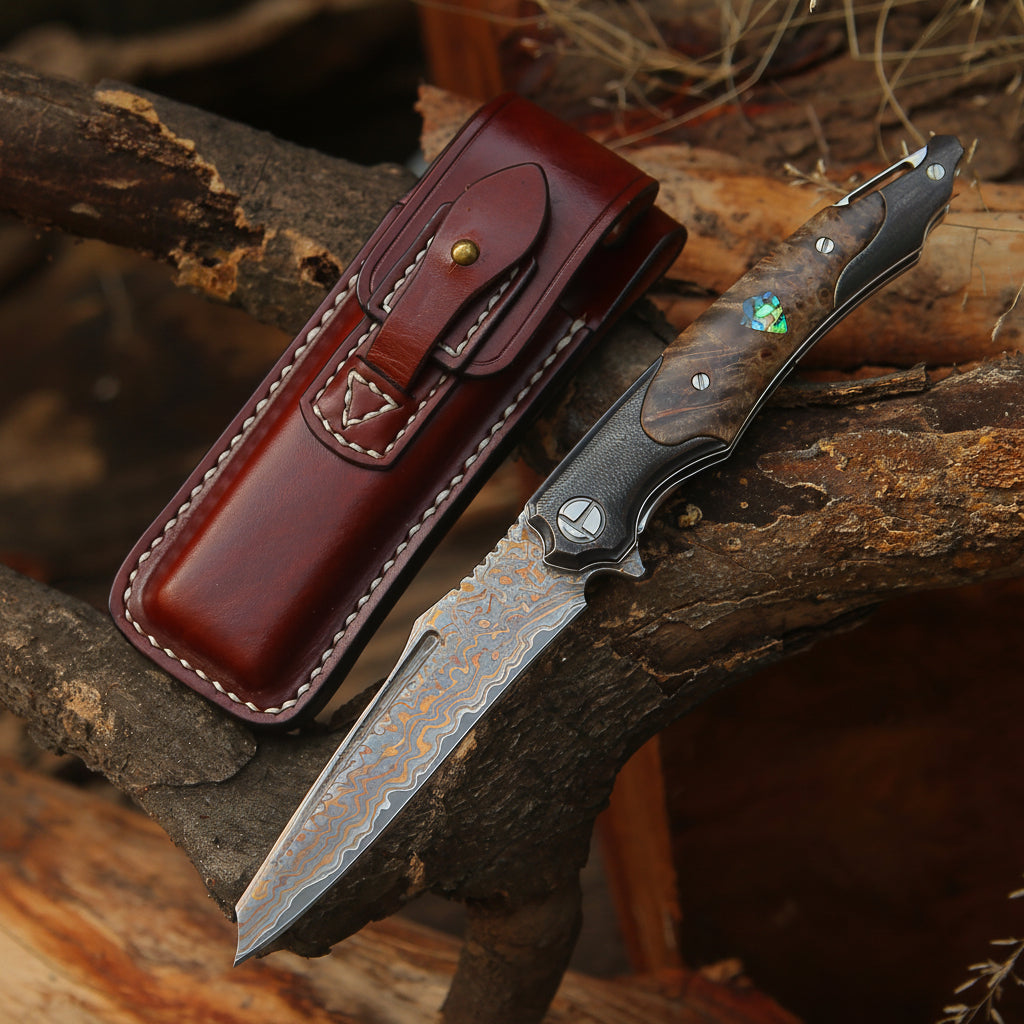 Damascus Pocket Knife - Ironhide Damascus Pocket Knife with stained maple burl handle - Shokunin USA