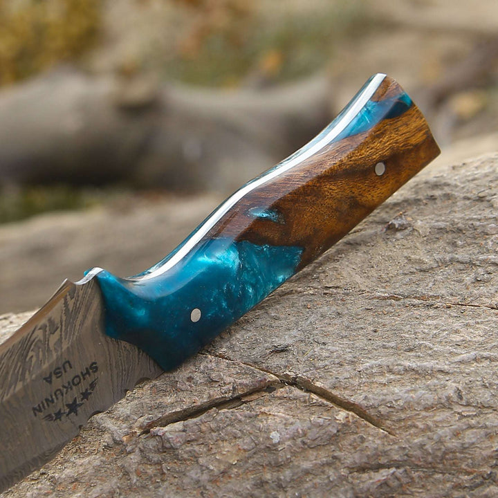Damascus Knife - Zephyr Damascus Hunting Knife with Exotic Rose Wood &amp; Resin Handle - Shokunin USA