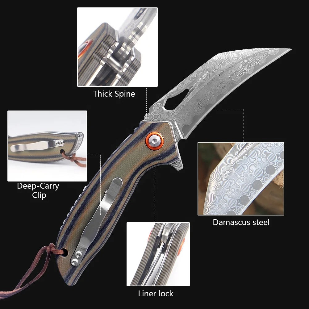 Damascus Knife - Scorpion Japanese Folding Pocket Knife with VG-10 Damascus Steel &amp; G10 Handle - Shokunin USA