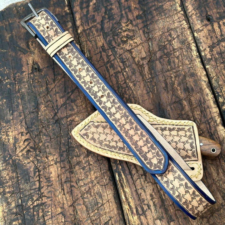 Fixed blade knife. - Desert Moon Handmade Damascus Skinner Knife with Handtooled Sheath &amp; Belt - Shokunin USA