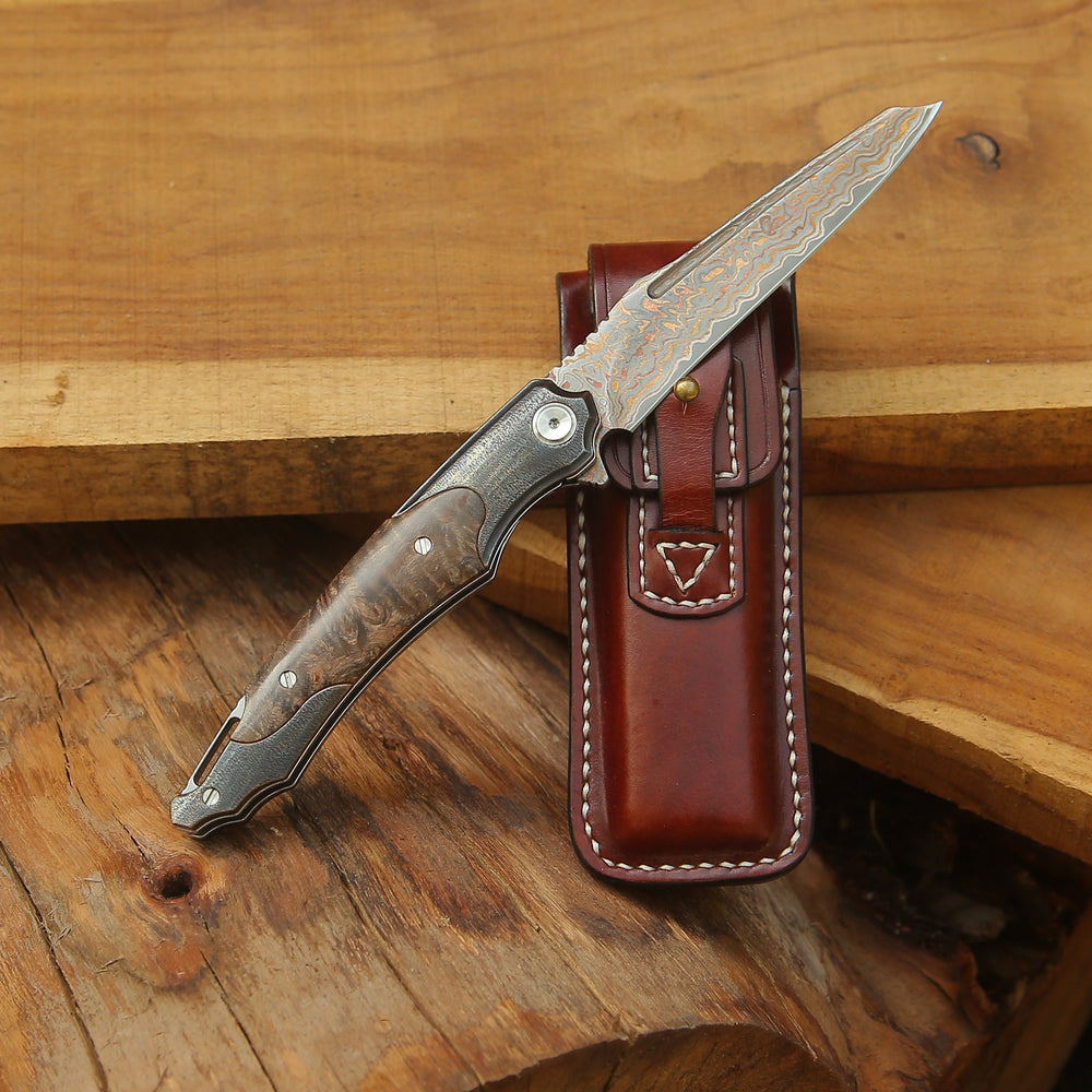 Damascus Pocket Knife - Ironhide Damascus Pocket Knife with stained maple burl handle - Shokunin USA