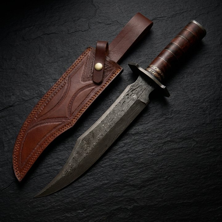 Blackiron Damascus Steel Bowie Knife with Rose Wood Handle &amp; Sheath