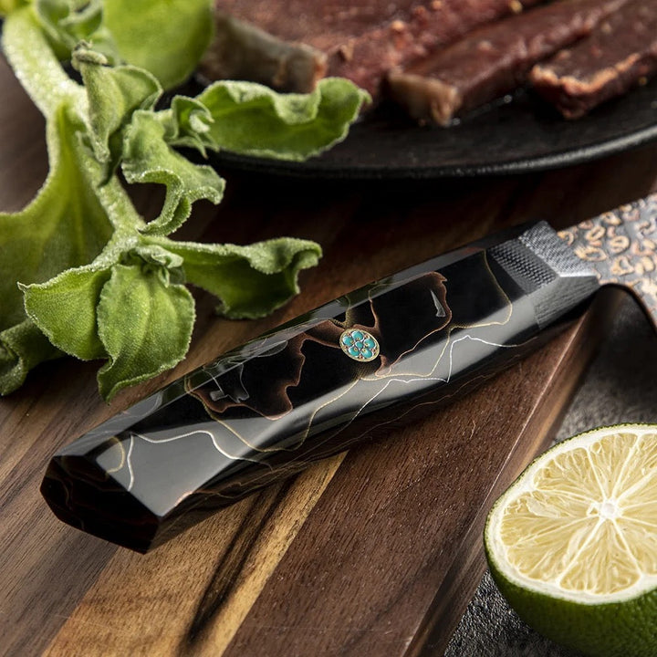 traditional men’s Damascus rings - Majestic Japanese Copper Damascus Chef Knife with Rare Raffir Noble Handle Handle - Shokunin USA