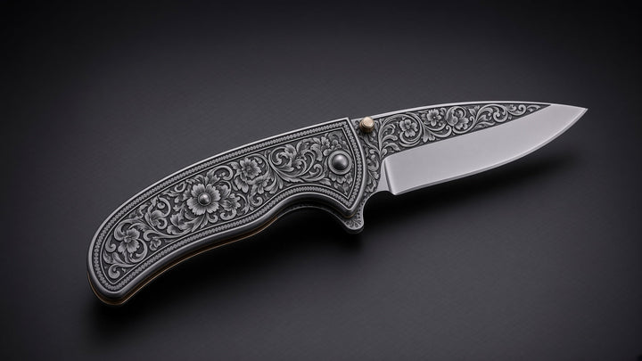 Pocket Knife - Outlaw Handmade Damascus Pocket Knife with Engraved Steel Handle - Shokunin USA
