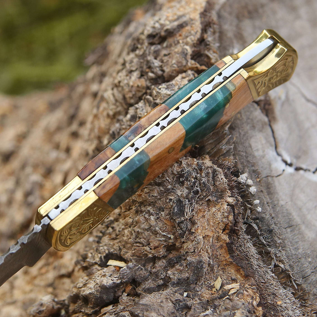EDC Knife - Flashblade Handmade Damascus Best EDC Pocket Knife with Leather Sheath &amp; Olive Wood Handle - Shokunin USA