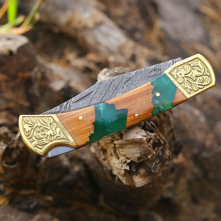 EDC Knife - Flashblade Handmade Damascus Best EDC Pocket Knife with Leather Sheath &amp; Olive Wood Handle - Shokunin USA