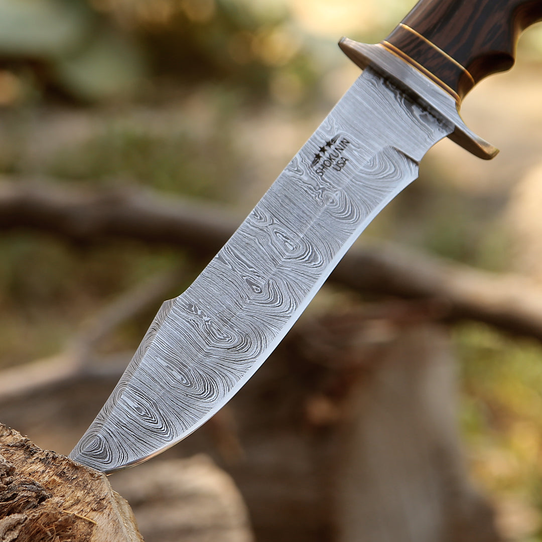 Thunderstrike Damascus Bowie Knife with Exotic Wenge Wood Handle - Shokunin USA