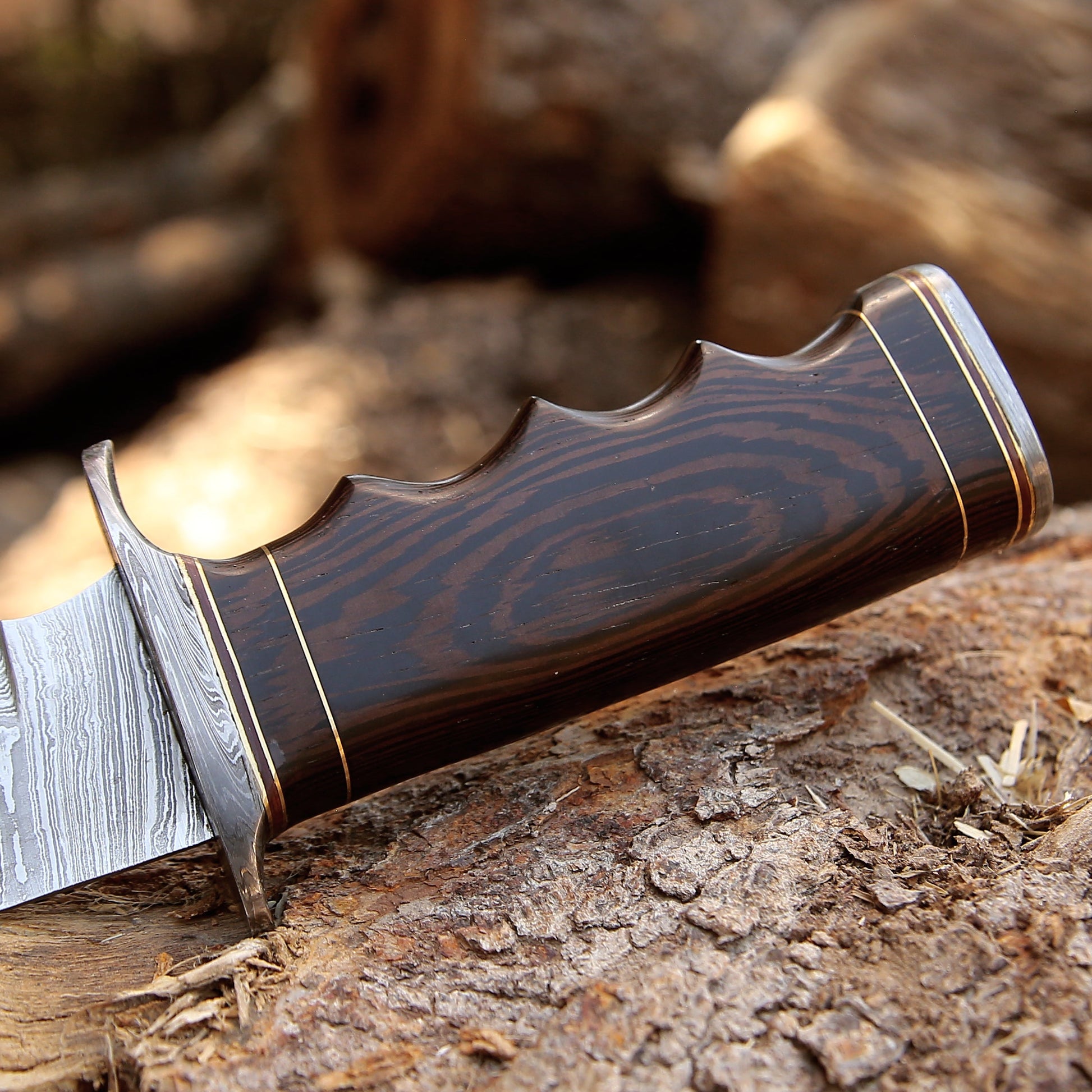 Hunting Knives - Thunderstrike Damascus Bowie Knife with Exotic Wenge Wood Handle - Shokunin USA