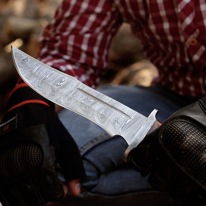 Thunderstrike Damascus Bowie Knife with Exotic Wenge Wood Handle - Shokunin USA