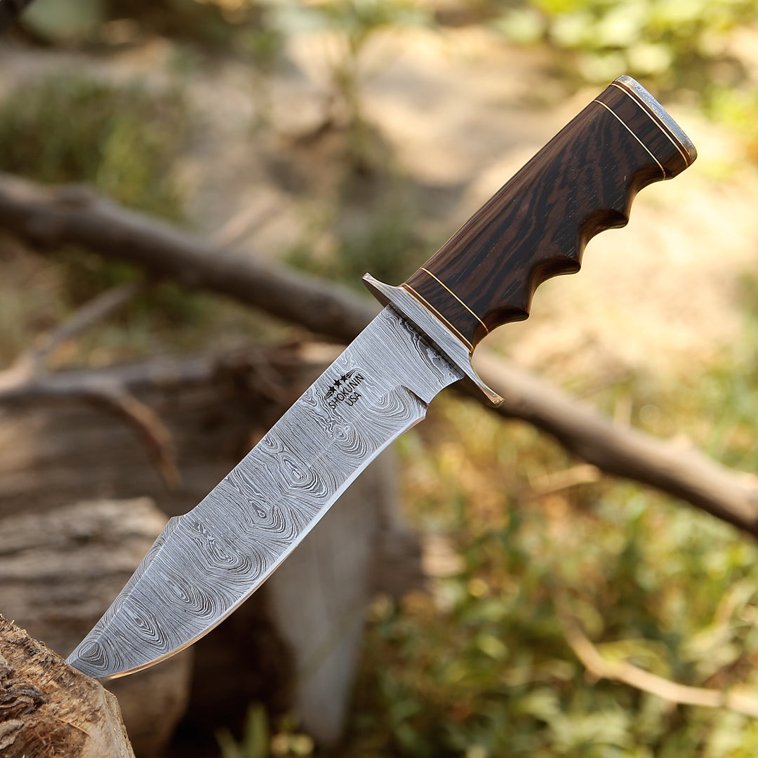 Thunderstrike Damascus Bowie Knife with Exotic Wenge Wood Handle - Shokunin USA