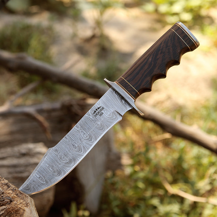 Thunderstrike Damascus Bowie Knife with Exotic Wenge Wood Handle - Shokunin USA