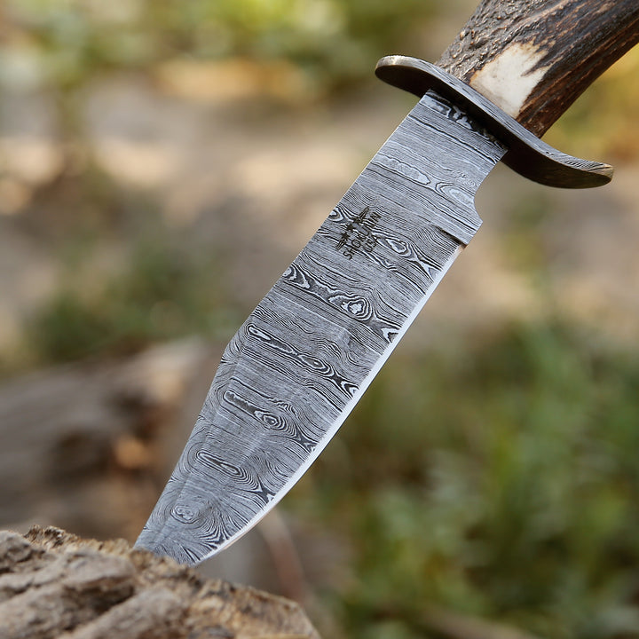 Wildfire Damascus Bowie Knife with Stag Horn Handle - Shokunin USA