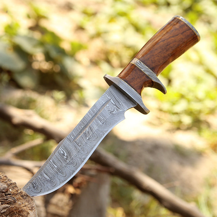Utility Knife - Raider Damascus Steel Bowie Knife with Exotic Rose Wood Handle &amp; Sheath - Shokunin USA