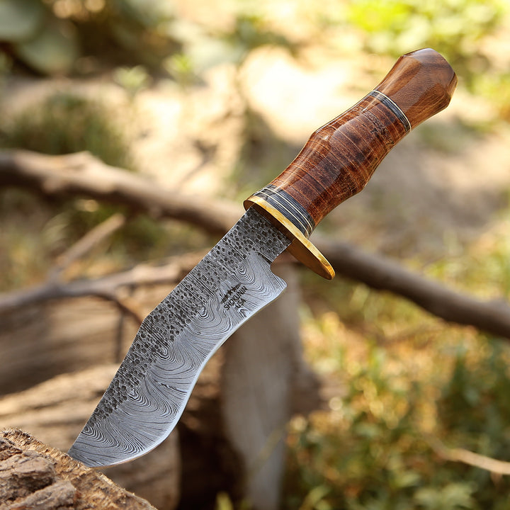Hawk 11.5" Damascus Hunting Bowie Knife with Stacked Leather Handle - Shokunin USA
