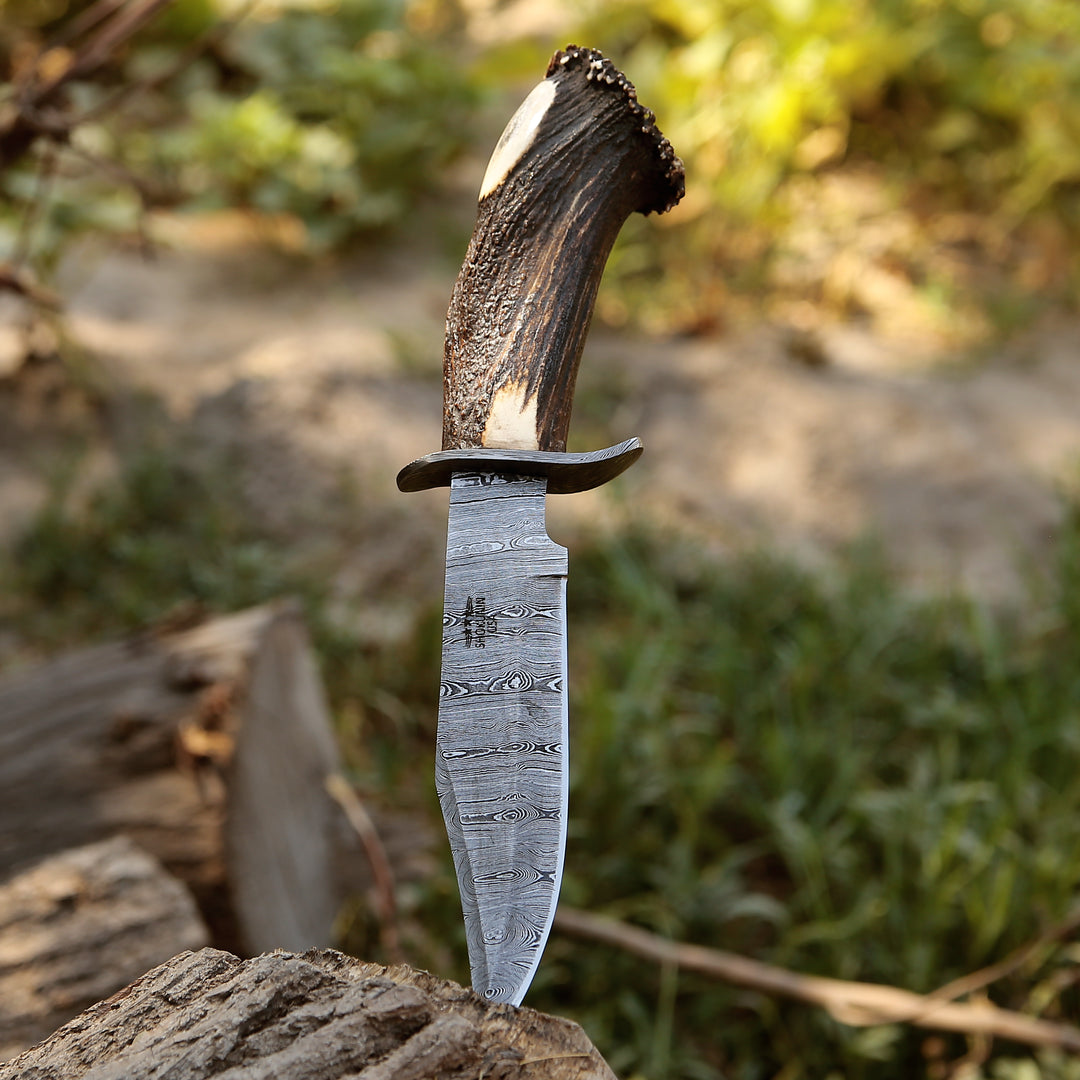 Wildfire Damascus Bowie Knife with Stag Horn Handle - Shokunin USA