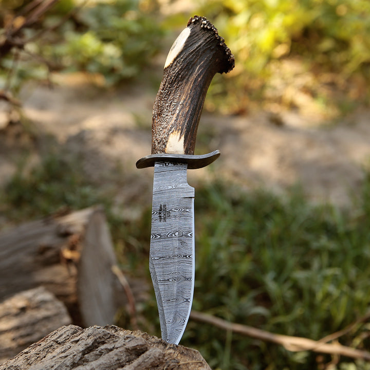 Wildfire Damascus Bowie Knife with Stag Horn Handle - Shokunin USA