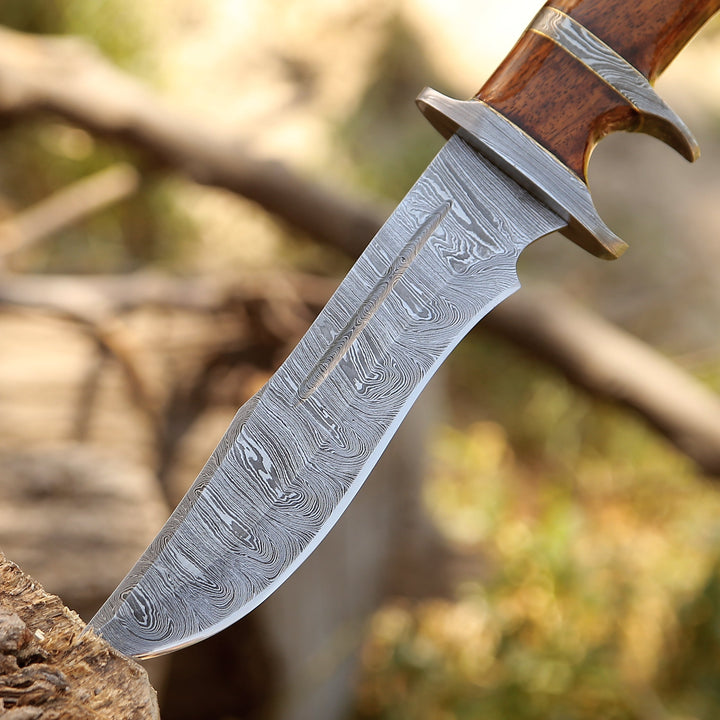 Utility Knife - Raider Damascus Steel Bowie Knife with Exotic Rose Wood Handle &amp; Sheath - Shokunin USA