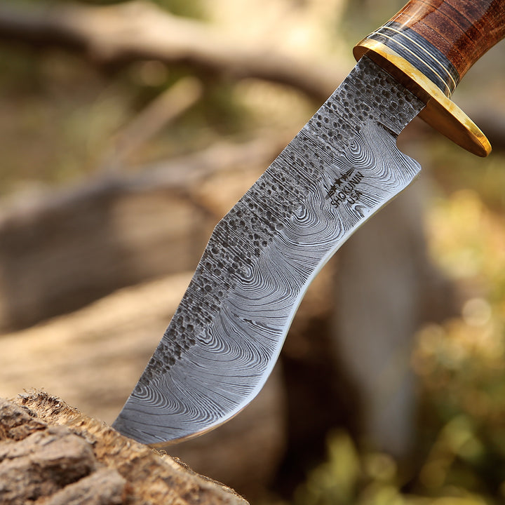 Hawk 11.5" Damascus Hunting Bowie Knife with Stacked Leather Handle - Shokunin USA