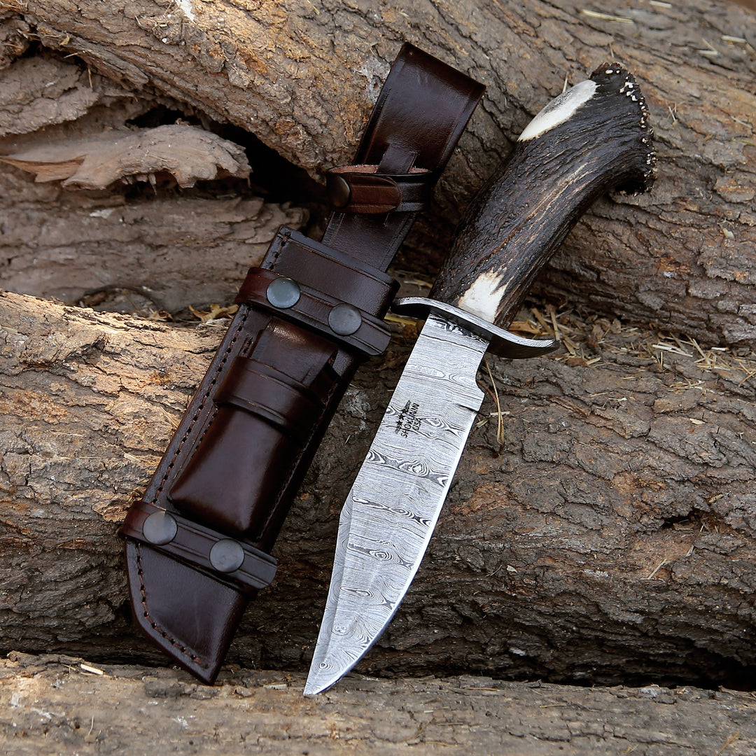Wildfire Damascus Bowie Knife with Stag Horn Handle - Shokunin USA
