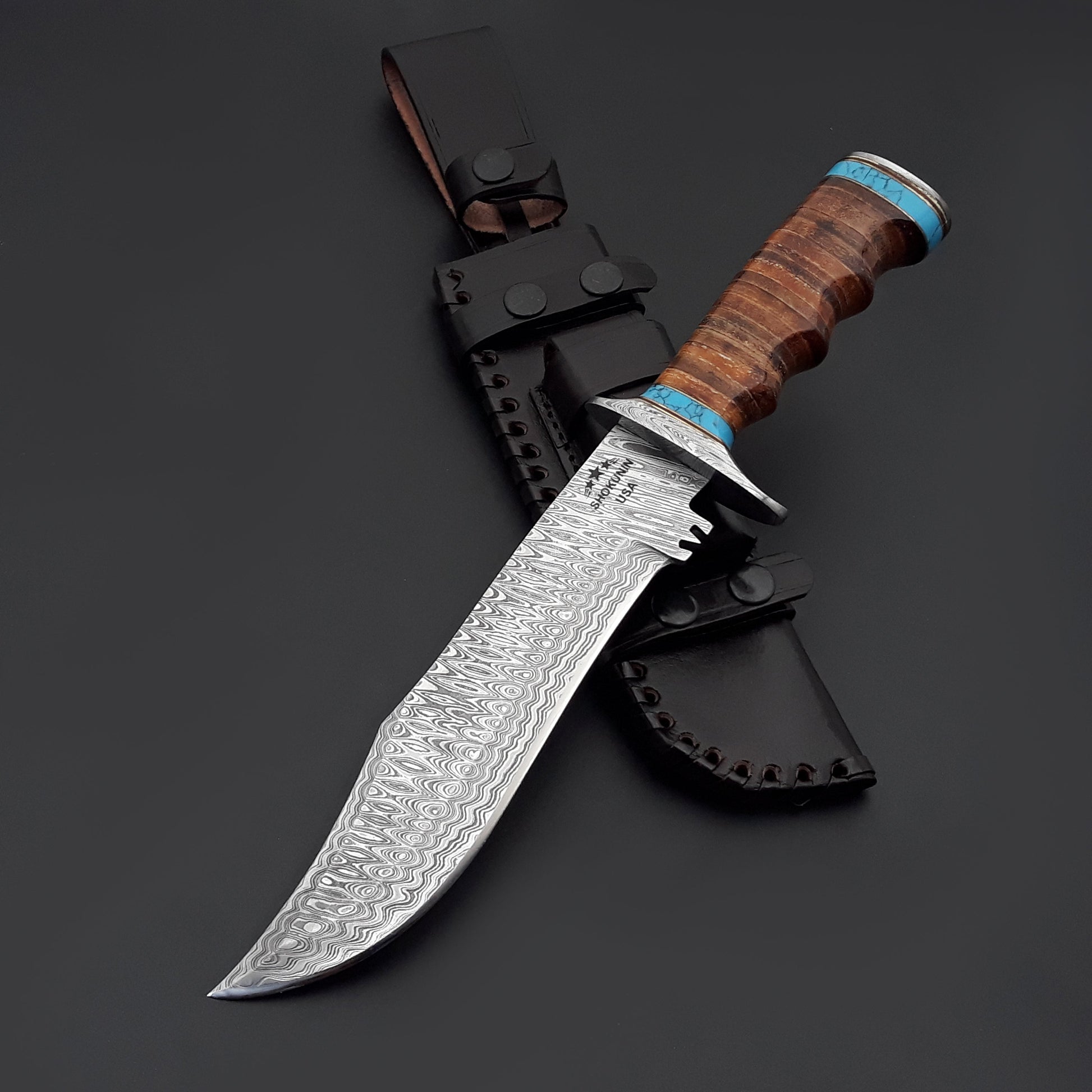 Hunting Knife - Envoy Damascus Hunting Knife with Stacked Leather Handle - Shokunin USA