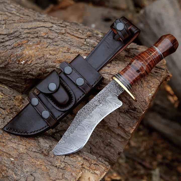 Hawk 11.5" Damascus Hunting Bowie Knife with Stacked Leather Handle - Shokunin USA